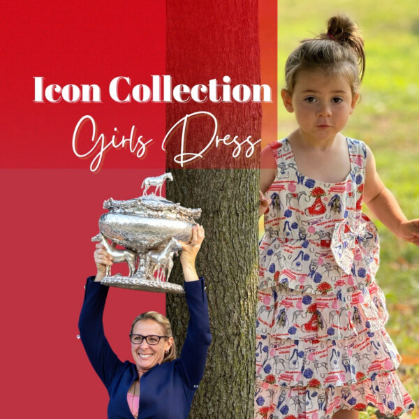 Girl wearing the Jena Antonucci Icon Collection dress inspired by Thoroughbred racing and Jena Antonucci's historic journey