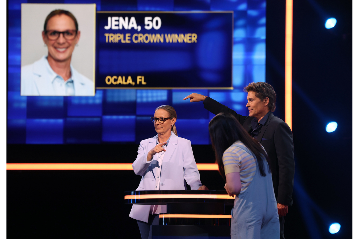 Jena Antonucci, Triple Crown–winning trainer, on stage with host Rob Lowe on FOX's The Floor